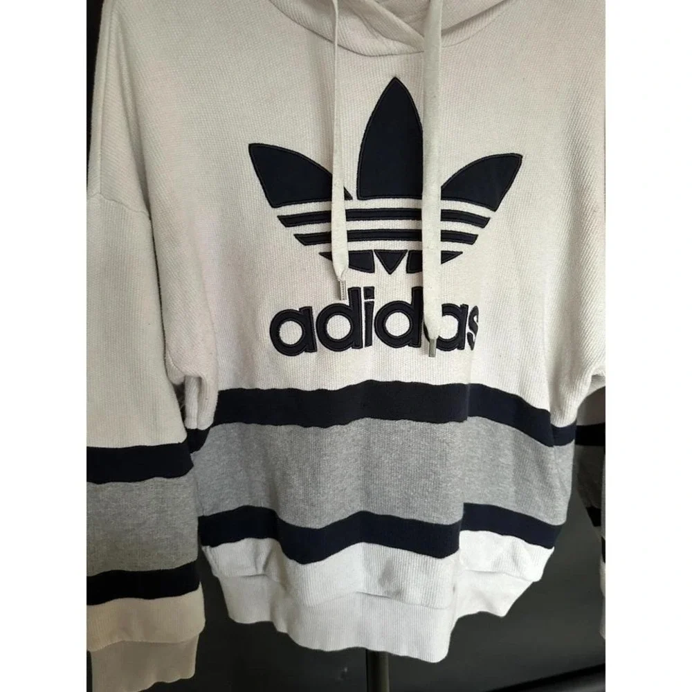 Vintage Adidas Hoodie Made in USA Y2K Thermal Cream Grey Navy‎ Medium 1990s